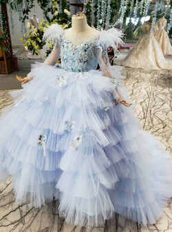 Fashion Blue Tulle Embrodiery Appliques Long Sleeve Flower Girl Dress With Feather