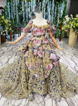 Blue Ball Gown Gold Lace Embroidery Flower Flower Girl Dress With Bow