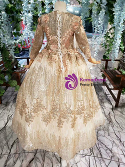 Princess Gold Ball Gown Sequins Appliques Long Sleeve Long Flower Girl Dress