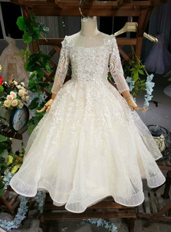 Light Champagne Sequins Appliques Long Sleeve Long Luxury Flower Girl Dress