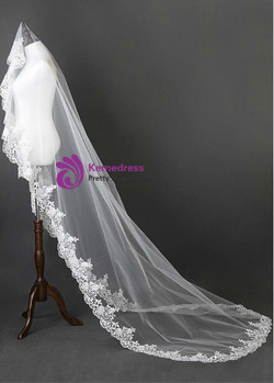 In Stock:Ship in 48 Hours Ivory Tulle Wedding Veil With Lace Appliques Edge