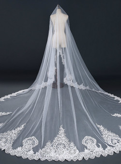 In Stock:Ship in 48 Hours White Tulle Appliques Long Wedding Brides Veils