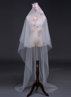In Stock:Ship in 48 Hours Simple White Tulle Pink Appliques Wedding Veils