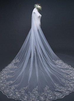 In Stock:Ship in 48 Hours White Tulle Appliques Long Brides Wedding Veil 