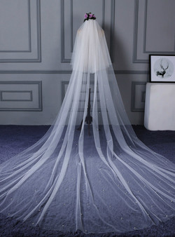 In Stock:Ship in 48 Hours White Tulle Long Wedding Veil With Beading