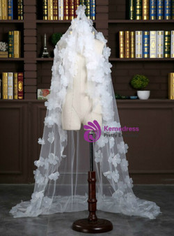 In Stock:Ship in 48 Hours Fashion Bride White Tulle Pearls Flower Wedding Veil
