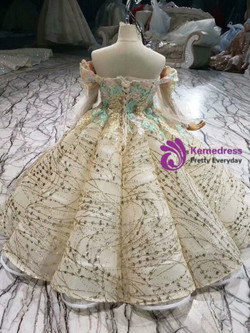 Champagne Sequins Off the Shoulder Appliques Long Sleeve Flower Girl Dress