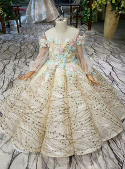 Champagne Sequins Off the Shoulder Appliques Long Sleeve Flower Girl Dress