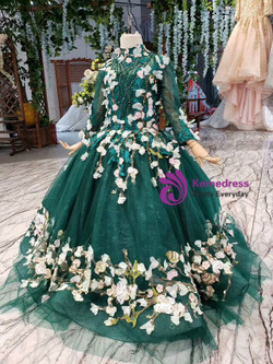 Green Tulle High Neck Long Sleeve Appliques Beading Sequins Luxury Flower Girl Dress