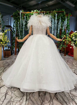 Princess White Ball Gown Tulle Sequins Long Flower Girl Dress With Feather