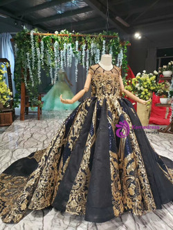 Navy Blue Gold Sequins Backless Beading Luxury Flower Girl Dress With Long Train