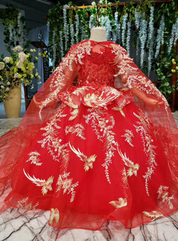 Red Tulle Embroidery Appliques Beading Luxury Flower Girl Dress With Shawl