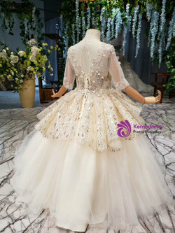 Lovely Champagne Tulle Sequins Short Sleeve Backless Beading Floor Length Flower Girl Dress