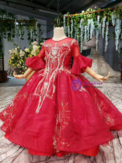 Red LotusLeaf Sleeve Backless Appliques Beading Flower Girl Dress With Litter Train