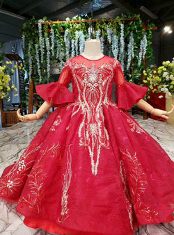 Red LotusLeaf Sleeve Backless Appliques Beading Flower Girl Dress With Litter Train