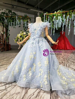 Cute Blue Tulle Embroidery Appliques Beading Flower Girl Dress With Train