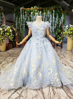 Cute Blue Tulle Embroidery Appliques Beading Flower Girl Dress With Train