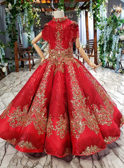Luxurious Red Ball Gown High Neck Backless Cap Sleeve Sequins Beading Floor Length Flower Girl Dress