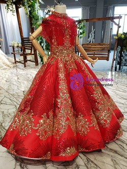 Luxurious Red Ball Gown High Neck Backless Cap Sleeve Sequins Beading Floor Length Flower Girl Dress