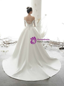 Simple White Ball Gown Satin Lace Off the Shoulder Short Sleeve Backless Wedding Dress