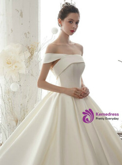 Elegant Simple White Satin Off the Shoulder Pleats Wedding Dress With Long Train