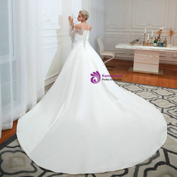 Luxurious White Ball Gown Satin Lace Off the Shoulder Long Sleeve Wedding Dress