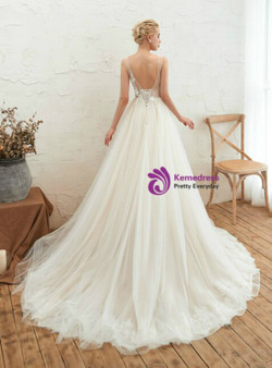 Champagne Ball Gown Tulle V-neck Backless Appliques Pleats Wedding Dress