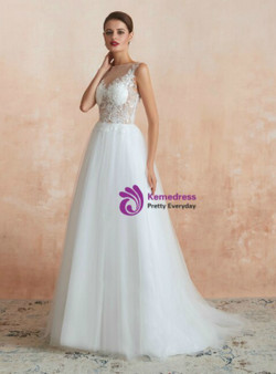 A-Line Bateau White Tulle Appliques See Through Sleeveless Floor Length Wedding Dress