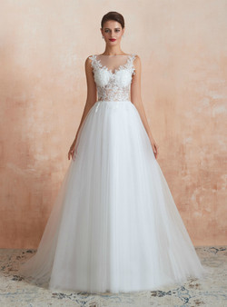 A-Line Bateau White Tulle Appliques See Through Sleeveless Floor Length Wedding Dress