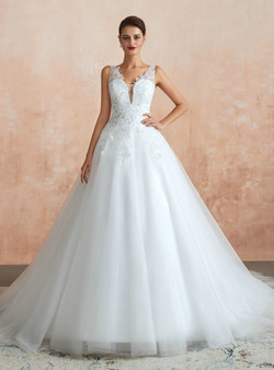 Glamorous White Ball Gown Tulle Appliques V-neck See Through Floor Length Wedding Dress