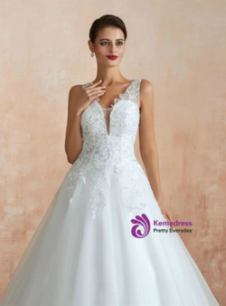 Glamorous White Ball Gown Tulle Appliques V-neck See Through Floor Length Wedding Dress