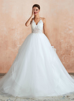 White Ball Gown Tulle Lace Appliques Halter Sleeveless Backless Wedding Dress