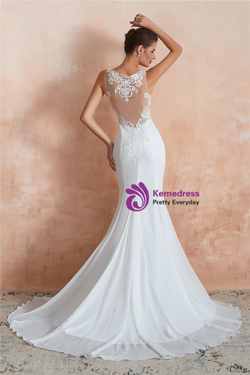 Sexy White Mermaid Chiffon Illusion Sleeveless Floor Length Wedding Dress