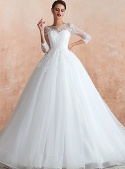 Advanced White Ball Gown Long Sleeve Tulle Lace Appliques Floor Length Wedding Dress