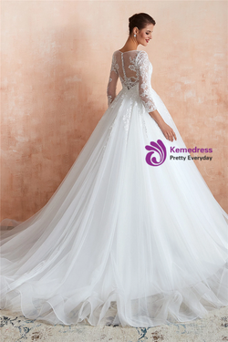 Advanced White Ball Gown Long Sleeve Tulle Lace Appliques Floor Length Wedding Dress