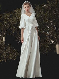 Simple White Satin V-neck Backless Puff Sleeve Floor Length Wedding Dress