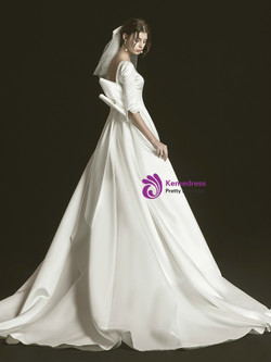 Simple White Satin V-neck Short Sleeve Backless Long Wedding Dress With Bow