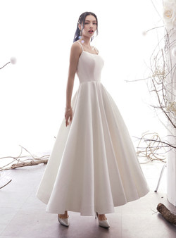 Simple White Satin Spaghetti Straps Backless Ankle Length Short Wedding Dress