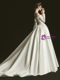 Ivory White Ball Gown Satin Lace Off the Shoulder Long Sleeve Brides Wedding Dress