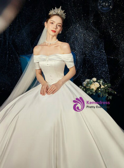Fancy White Ball Gown Saton Short Sleeve Off the Shoulder Floor Length Wedding Dress