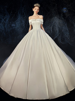 Fancy White Ball Gown Saton Short Sleeve Off the Shoulder Floor Length Wedding Dress