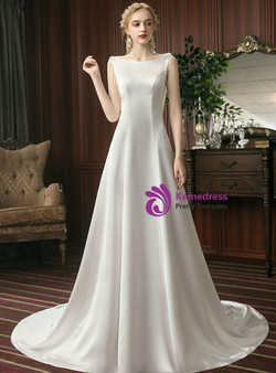 Simple White Satin Backless Sleeveless Brides Long Wedding Dress 