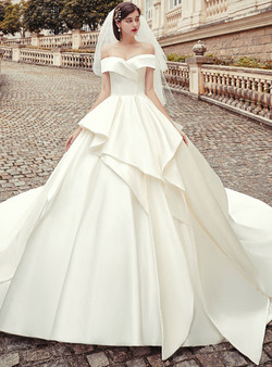 Advanced Ivory White Ball Gown Satin Off the Shoulder Floor Length Wedding Dress
