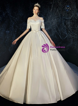 Ivory White Satin Off the Shoulder Short Sleeve Wedding Dress With Bow
