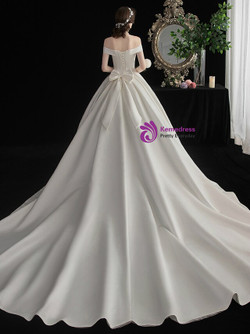 Wonderful White Ball Gown Satin Off the Shoulder Long Wedding Dress With Bow