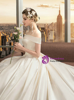 Ivory White Ball Gown Satin Ball Gown Off the Shoulder Appliques Wedding Dress