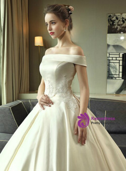 Pretty Ivory Satin Ball Gown Off the Shoulder Lace Appliques Long Wedding Dress