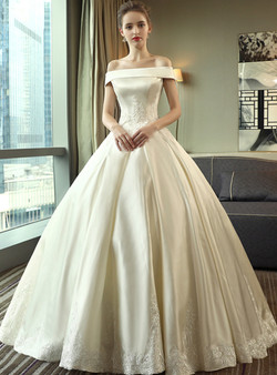 Pretty Ivory Satin Ball Gown Off the Shoulder Lace Appliques Long Wedding Dress