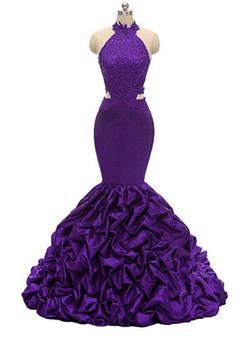 Sexy Purple Mermaid Satin Halter Backless Appliques Beading Prom Dress 2020