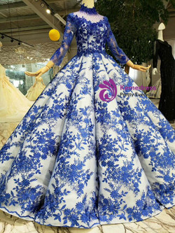 Navy Blue Lace Appliques High Neck Long Sleeve Floor Length Wedding Dress With Beading 2020